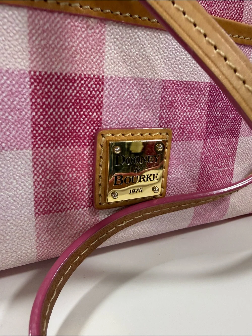 Dooney & Bourke Pink and White Gingham Crossbody with Tan Trim